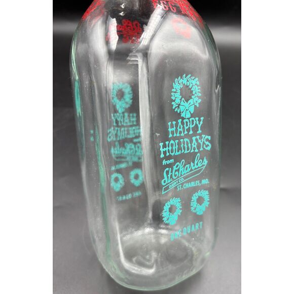 VTG St. Charles Diary Co. Glass Eggnog Bottle Missouri Christmas Blue Red - Picture 4 of 5